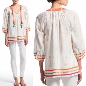 New Calypso St. Barth White and Orange Tassel Blouse
